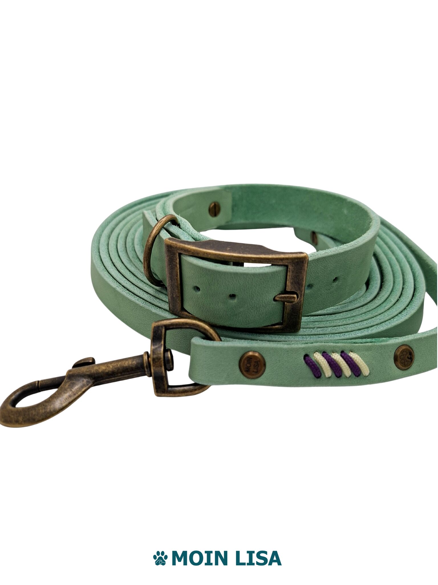Set "Yuna" aus Halsband mit Doppelstegschnalle & einteiliger Umhängeleine aus Fettleder - Mint