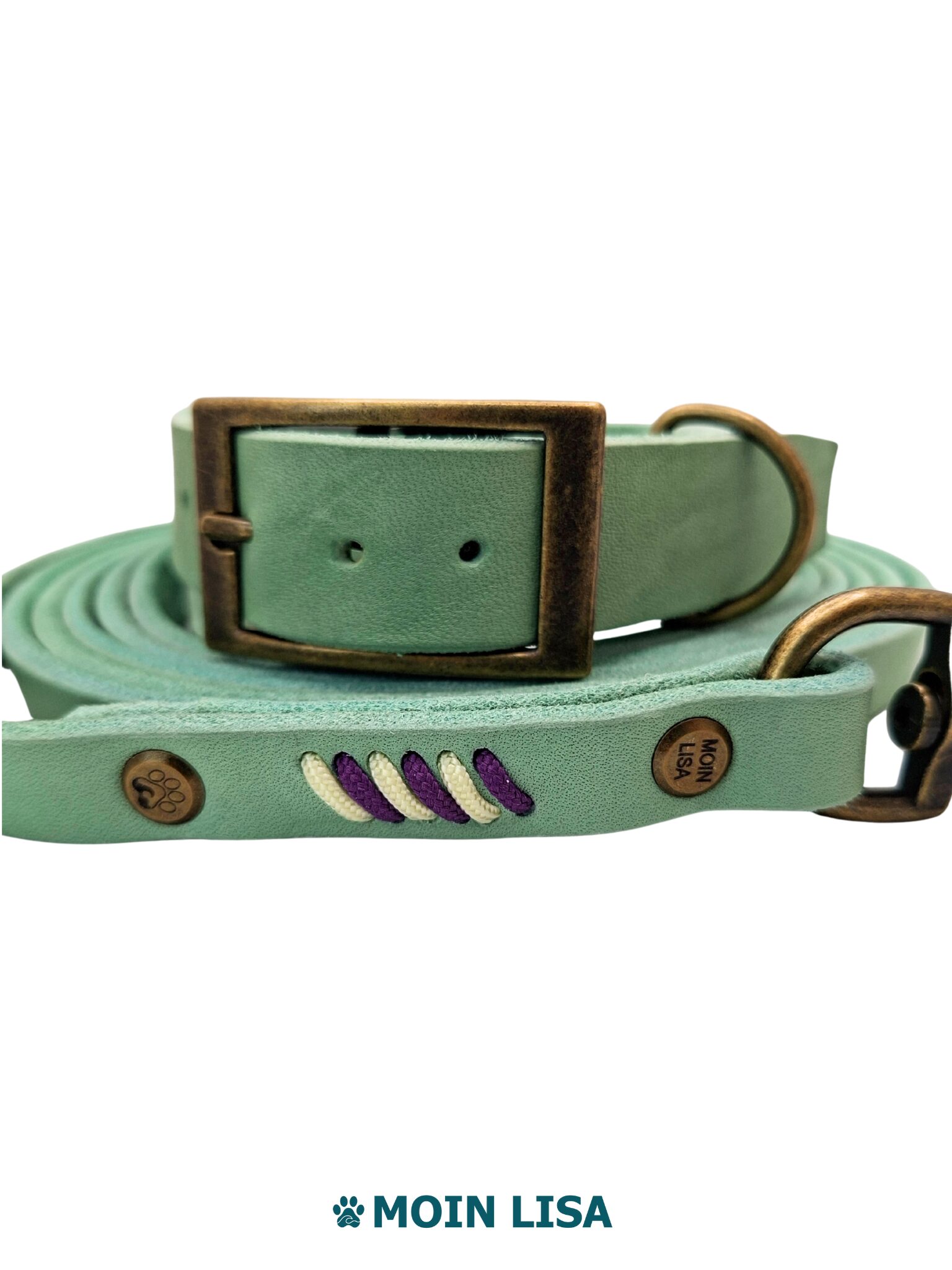 Set "Yuna" aus Halsband mit Doppelstegschnalle & einteiliger Umhängeleine aus Fettleder - Mint – Bild 3