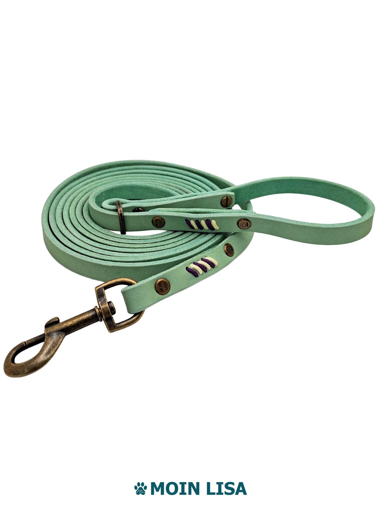 Set "Yuna" aus Halsband mit Doppelstegschnalle & einteiliger Umhängeleine aus Fettleder - Mint – Bild 4