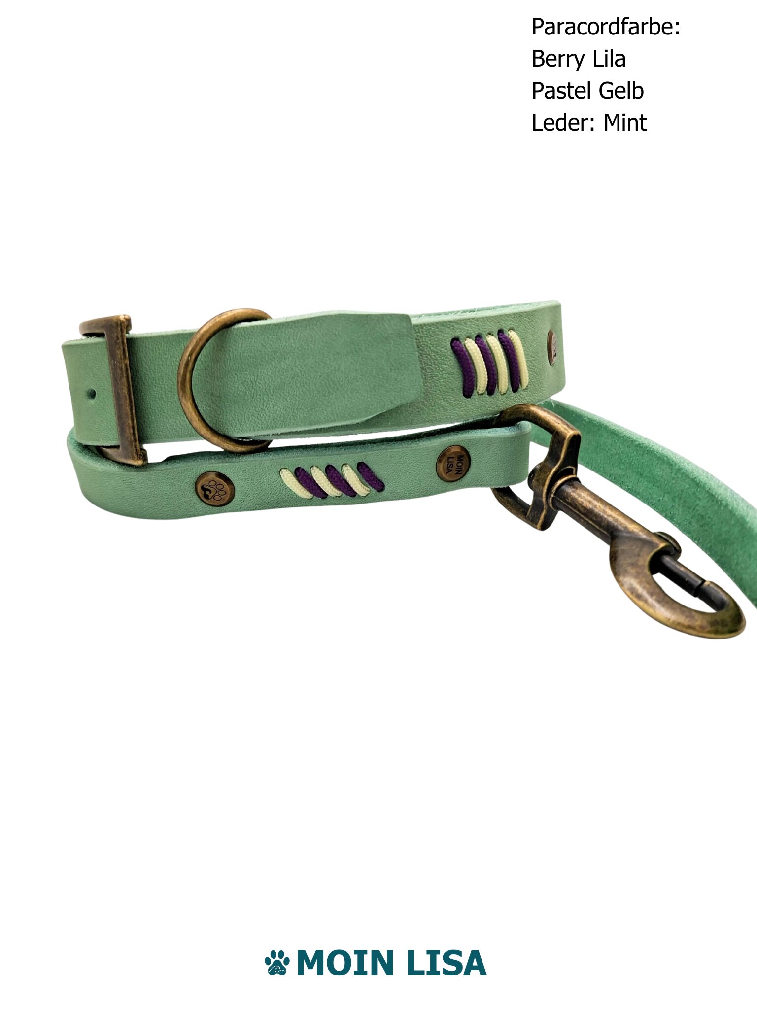 Set "Yuna" aus Halsband mit Doppelstegschnalle & einteiliger Umhängeleine aus Fettleder - Mint – Bild 2
